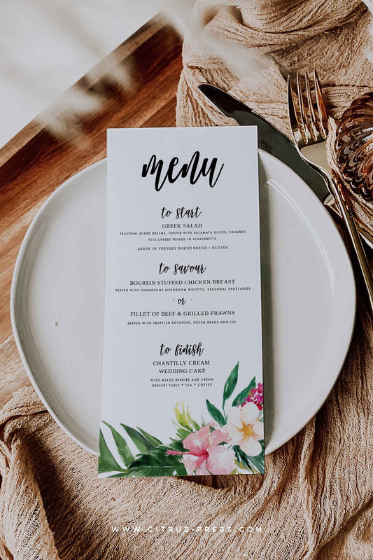 Tropical Floral Wedding Reception Menu Diy Printable Template