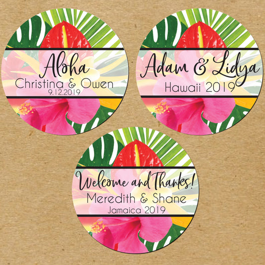 Personalized Wedding Favor Stickers: Modern Tropical Floral
