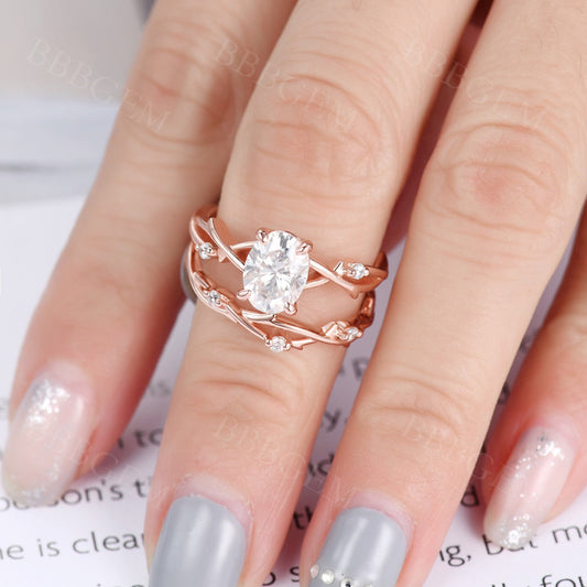 2PCS Twig Vine Oval Moissanite Solitaire Engagement Ring Set for Women 1.5CT Oval Cut Rose Gold