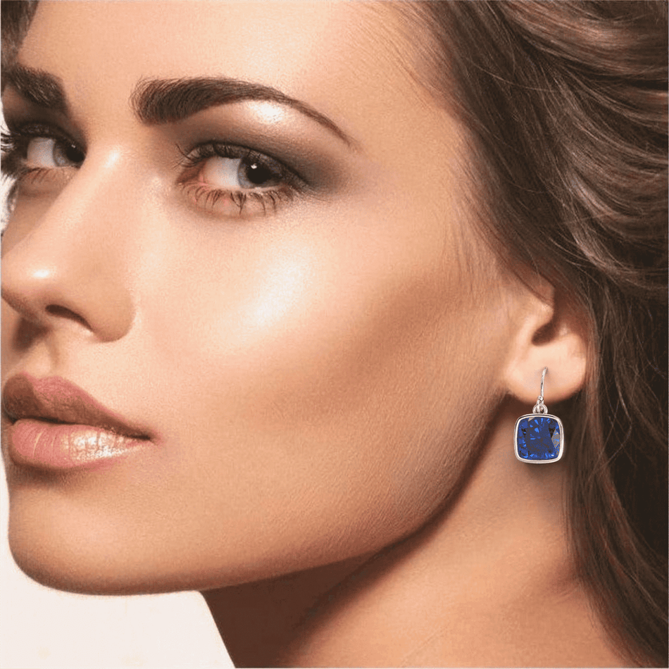 4.50CTW Lab Grown Cushion Cut Blue Sapphire Drop Earrings in 925 Sterling Silver - 8mm Square Gems