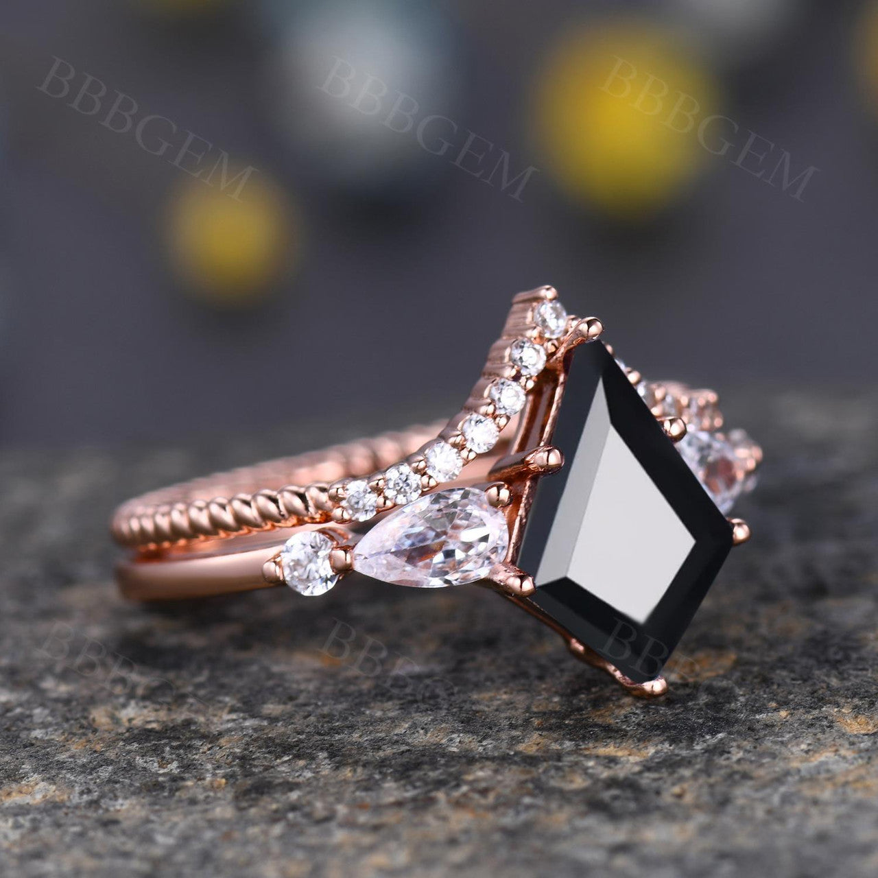 Geometric Black Onyx Ring Kite Ring Set with Women Curve Stacker Diamond Band