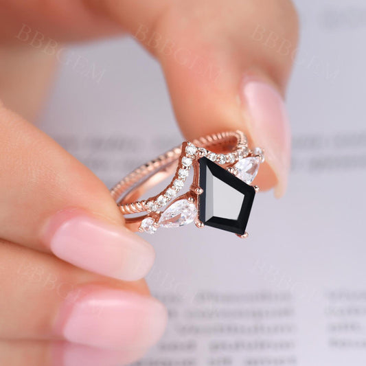 Geometric Black Onyx Ring Kite Ring Set with Women Curve Stacker Diamond Band