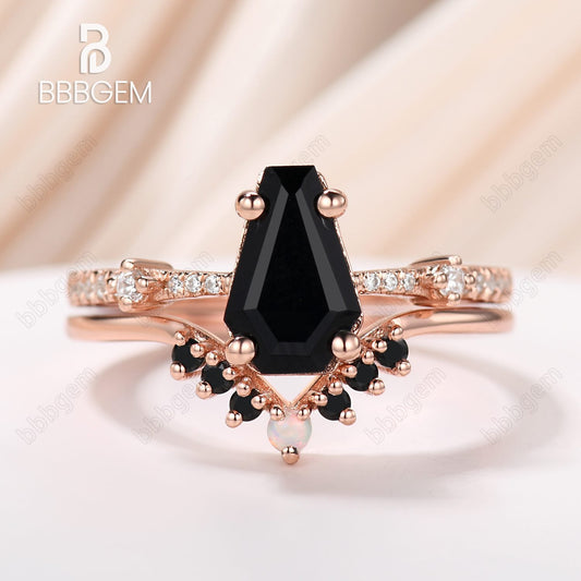 Goth Coffin Cut Wedding Set Black Onyx 14k Rose Gold Ring & Round Cut Black Spinel Opal Stacking Ring
