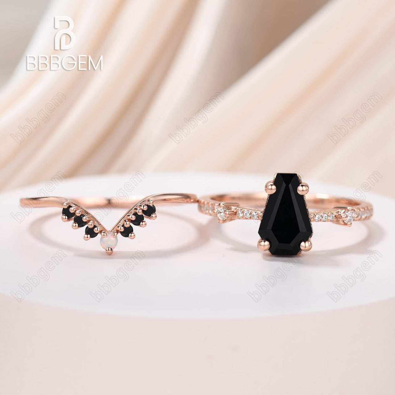Goth Coffin Cut Wedding Set Black Onyx 14k Rose Gold Ring & Round Cut Black Spinel Opal Stacking Ring