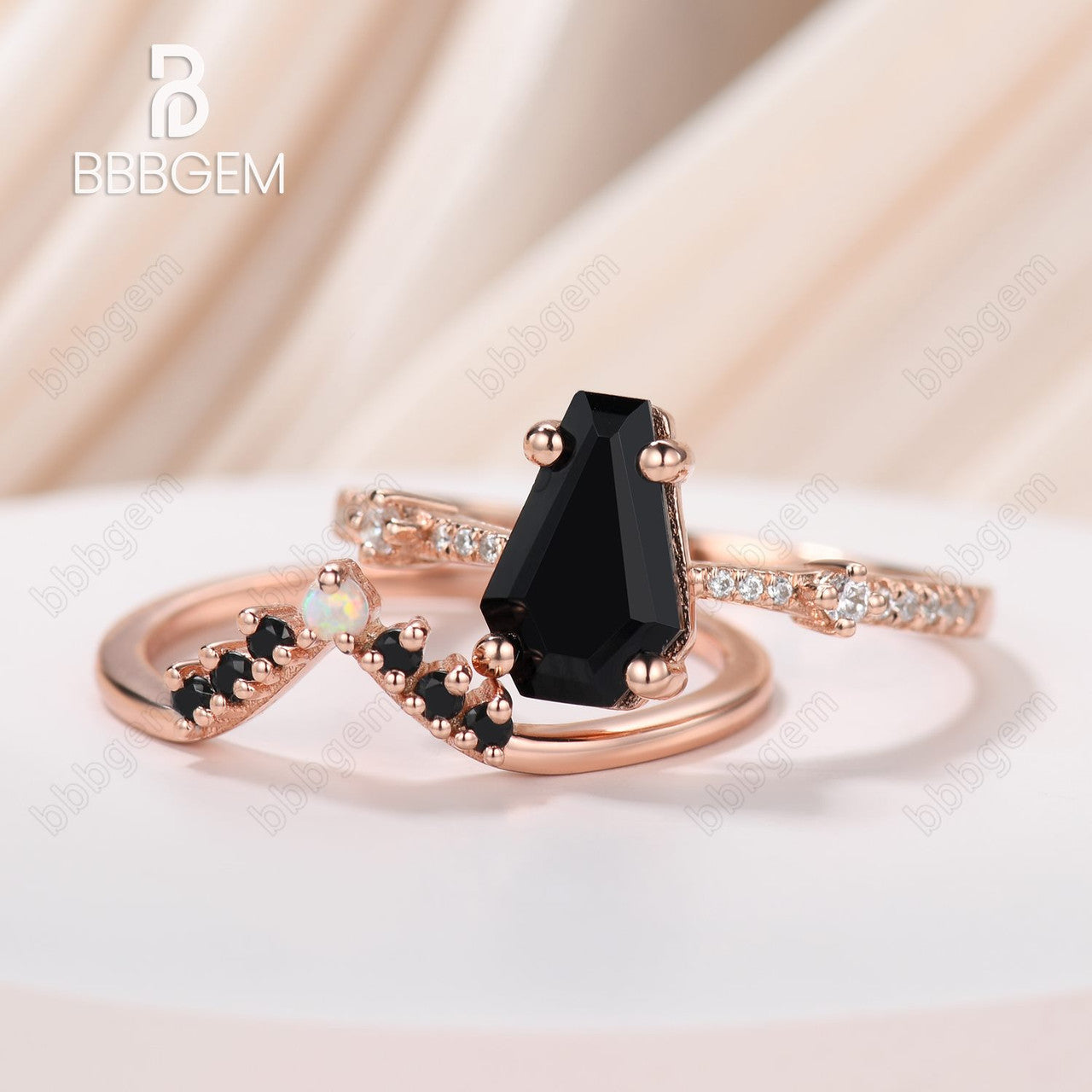 Goth Coffin Cut Wedding Set Black Onyx 14k Rose Gold Ring & Round Cut Black Spinel Opal Stacking Ring
