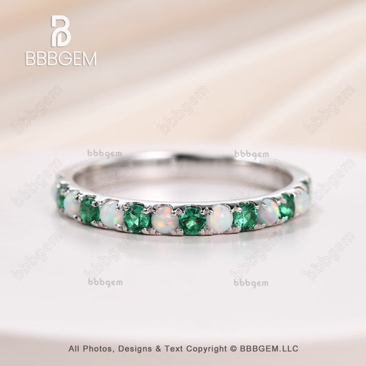 14k Rose Gold Opal & Emerald Ring Emerald Half Eternity Band Dainty Opal Ring