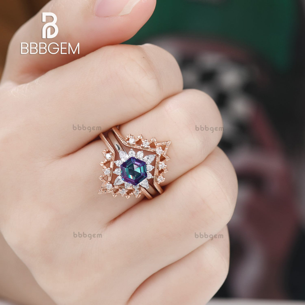 3 Pieces Moissanite Hexagon Alexandrite Ring Set White & Rose Gold With Diamond Leaf Vintage Band