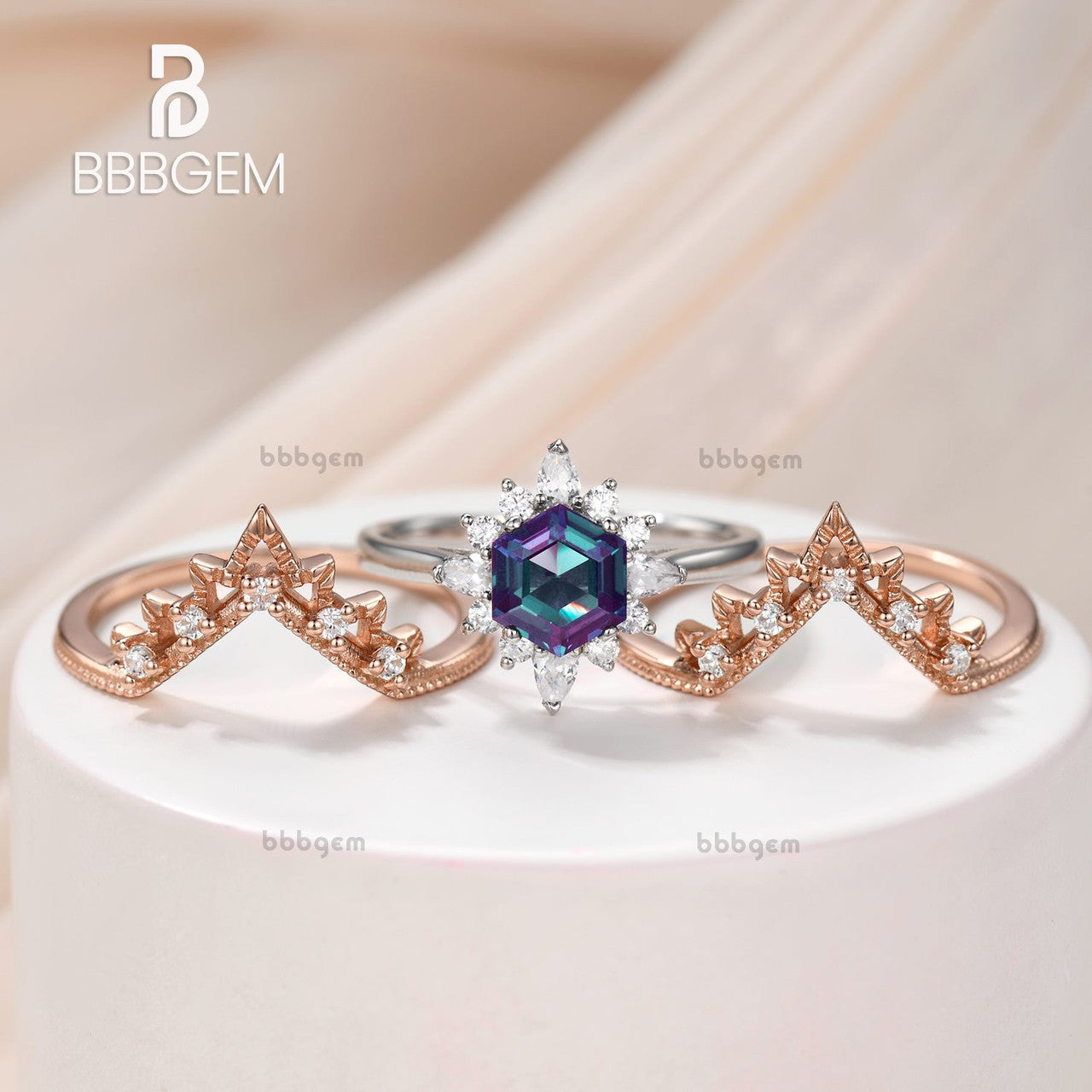 3 Pieces Moissanite Hexagon Alexandrite Ring Set White & Rose Gold With Diamond Leaf Vintage Band