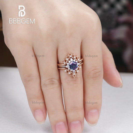 3 Pieces Moissanite Hexagon Alexandrite Ring Set White & Rose Gold With Diamond Leaf Vintage Band