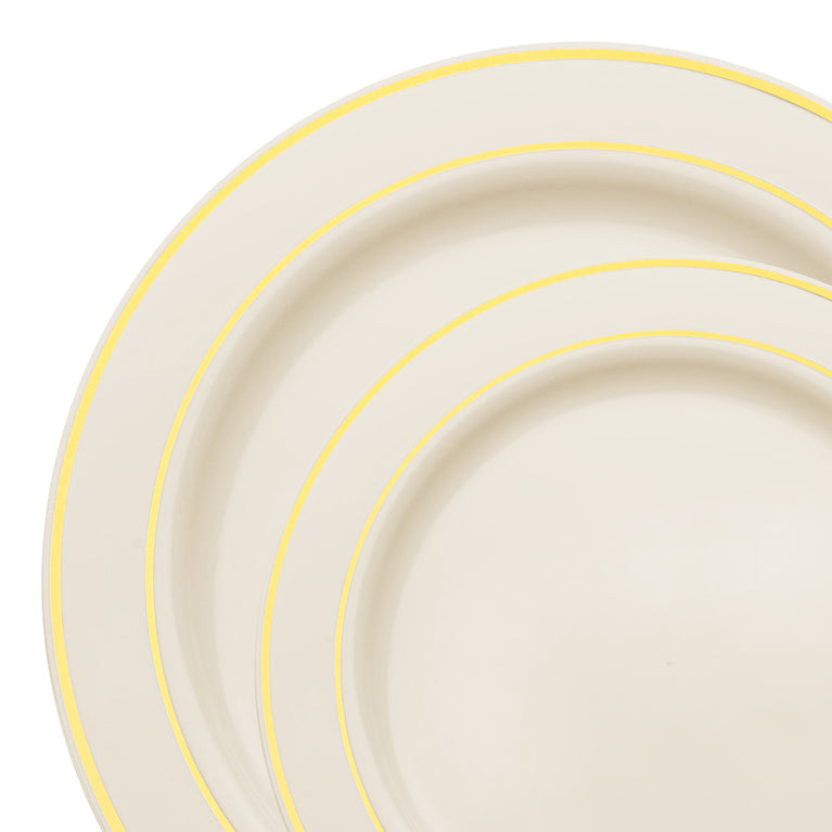 Ivory with Gold Edge Rim Plastic Plates Dinnerware Value Set