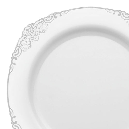White with Silver Fancy Round Disposable Plastic Dinner Plates (10.25€�)