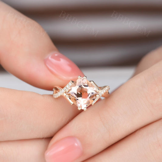 2.4 Carat Cushion Cut Morganite Engagement Ring Diamond Promise Ring 14k Rose Gold Split Shank Infinity Twisted Curved