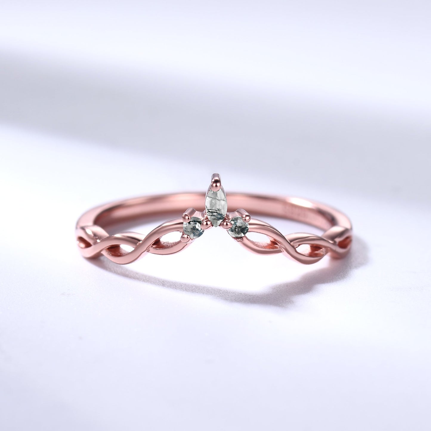 Green Moss Agate Wedding Band Rose Gold Infinity Curved Matching Ring