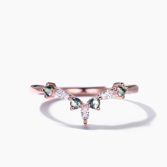 Green Moss Agate Wedding Band Moissanite Rose Gold Curved Matching Ring
