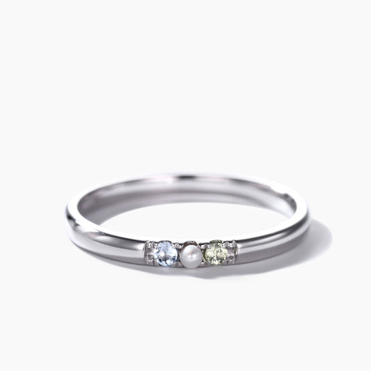 Family Birthstone Ring Aquamarine Pearl Peridot Ring 14k White Gold Gifts for Mother