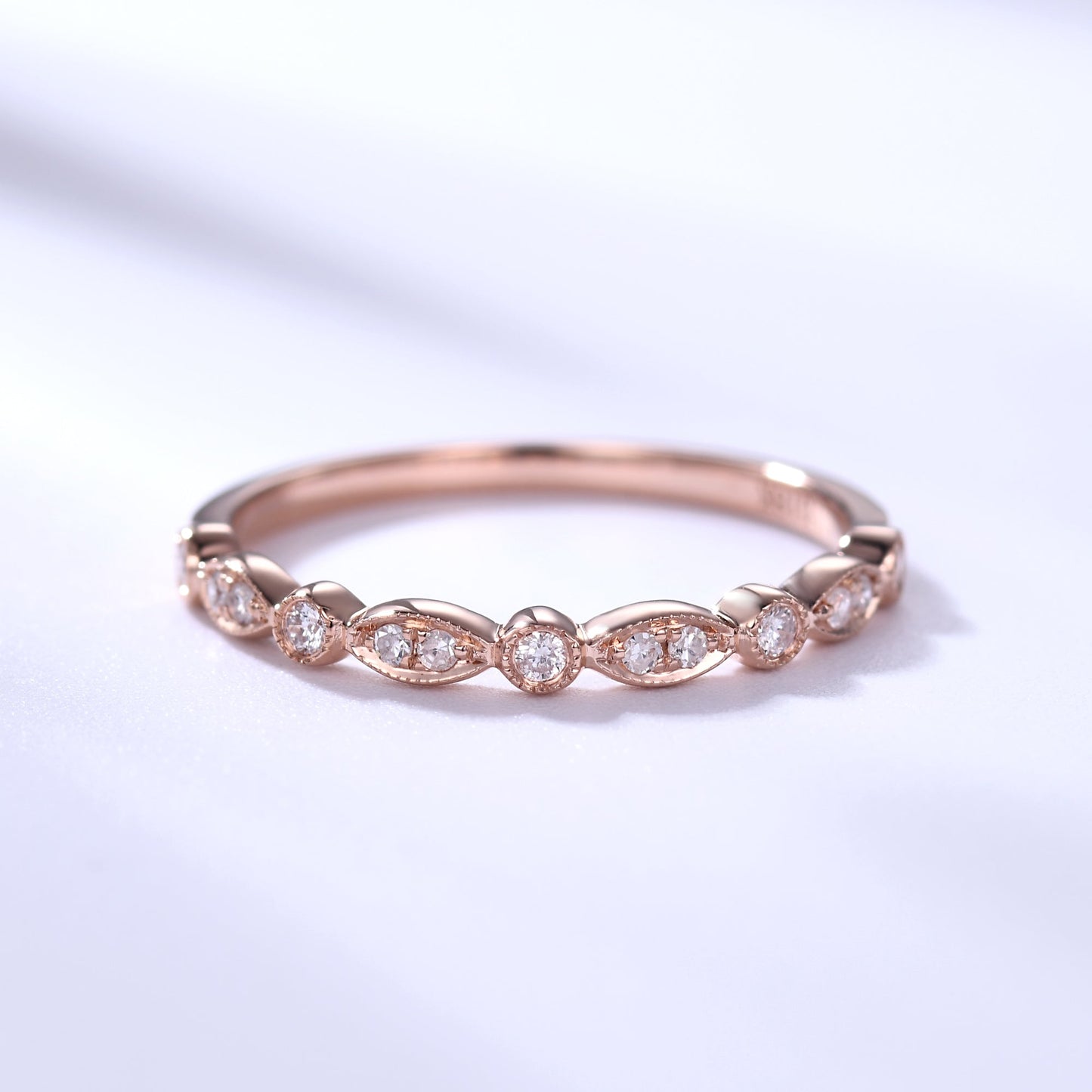 Diamond Wedding Rings For Her 14k Rose Gold Antique Art Deco Half Eternity Band Milgrain Annivery Ring