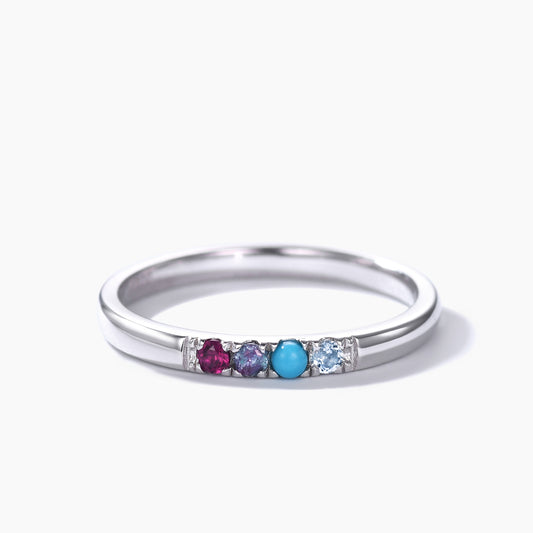 2mm Personalized Birthstone Gold Ring for Mother Ruby Alexandrite Turquoise Topaz 4-stone Dainty Band