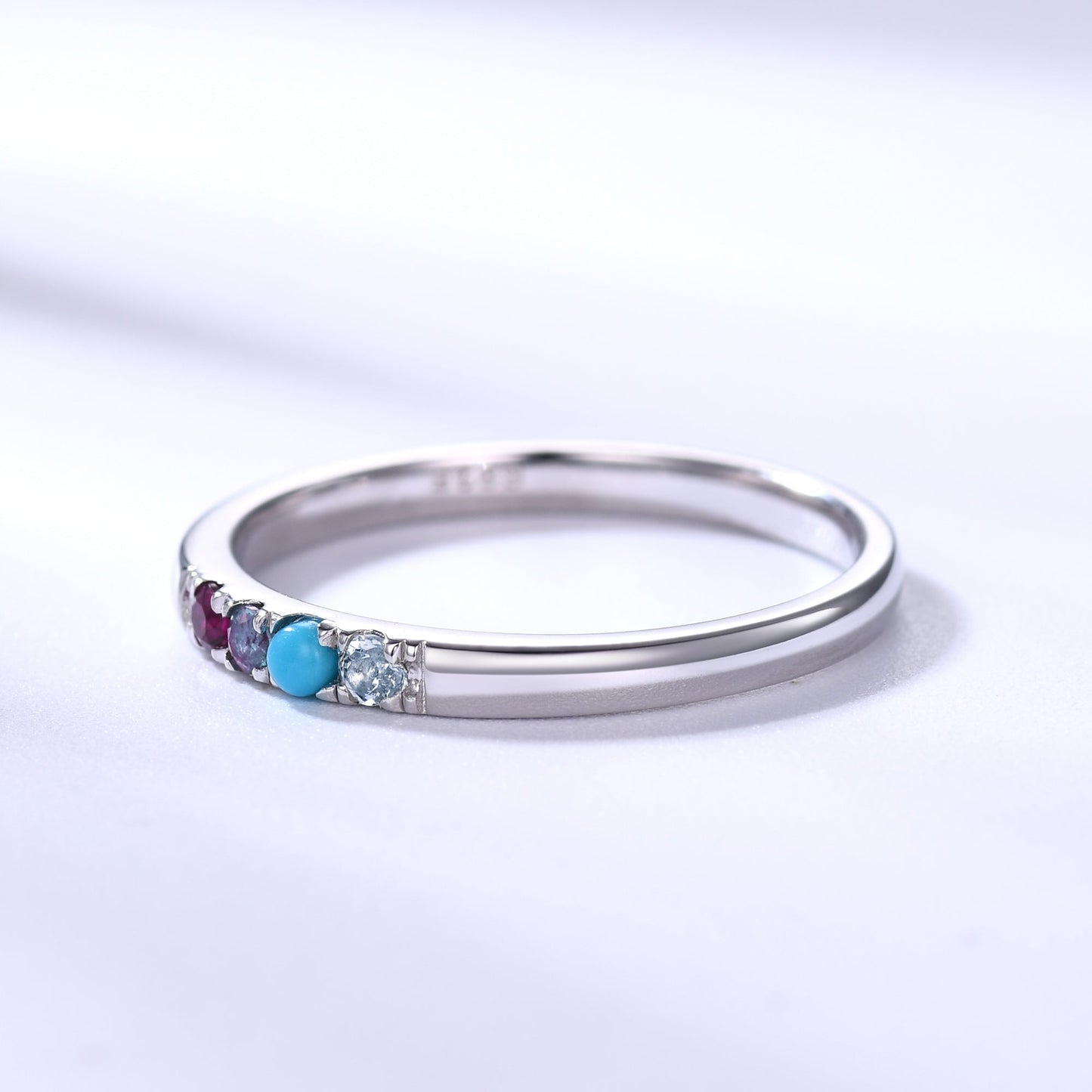 2mm Personalized Birthstone Gold Ring for Mother Ruby Alexandrite Turquoise Topaz 4-stone Dainty Band