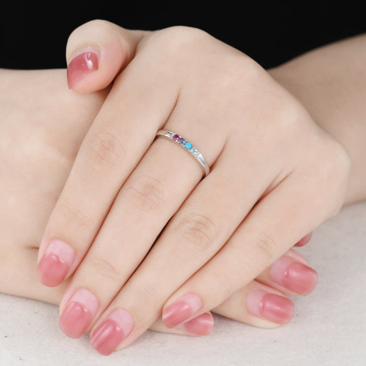 2mm Personalized Birthstone Gold Ring for Mother Ruby Alexandrite Turquoise Topaz 4-stone Dainty Band