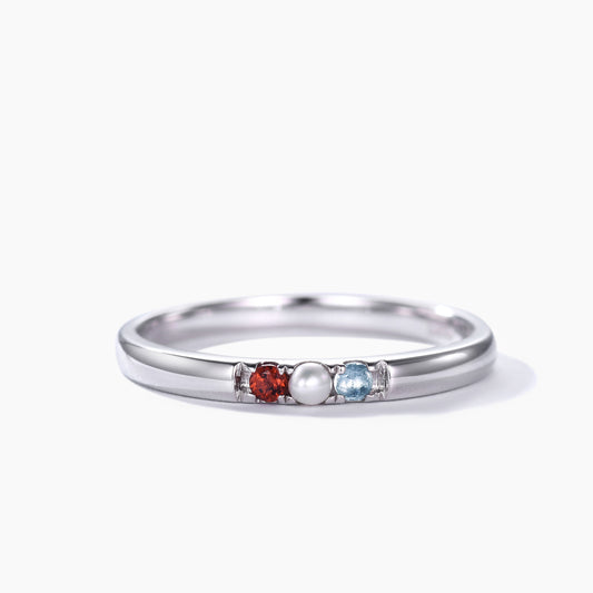 2mm Family Birthstone Ring Garnet Pearl Topaz Band 14k White Gold Gifts for Women