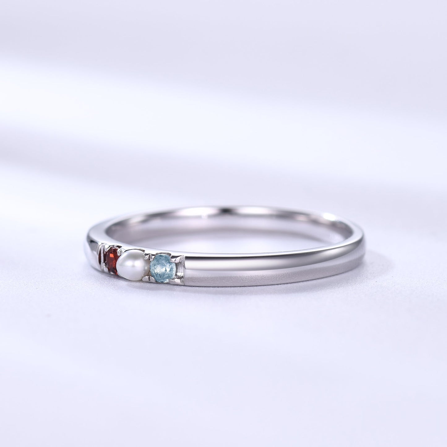 2mm Family Birthstone Ring Garnet Pearl Topaz Band 14k White Gold Gifts for Women