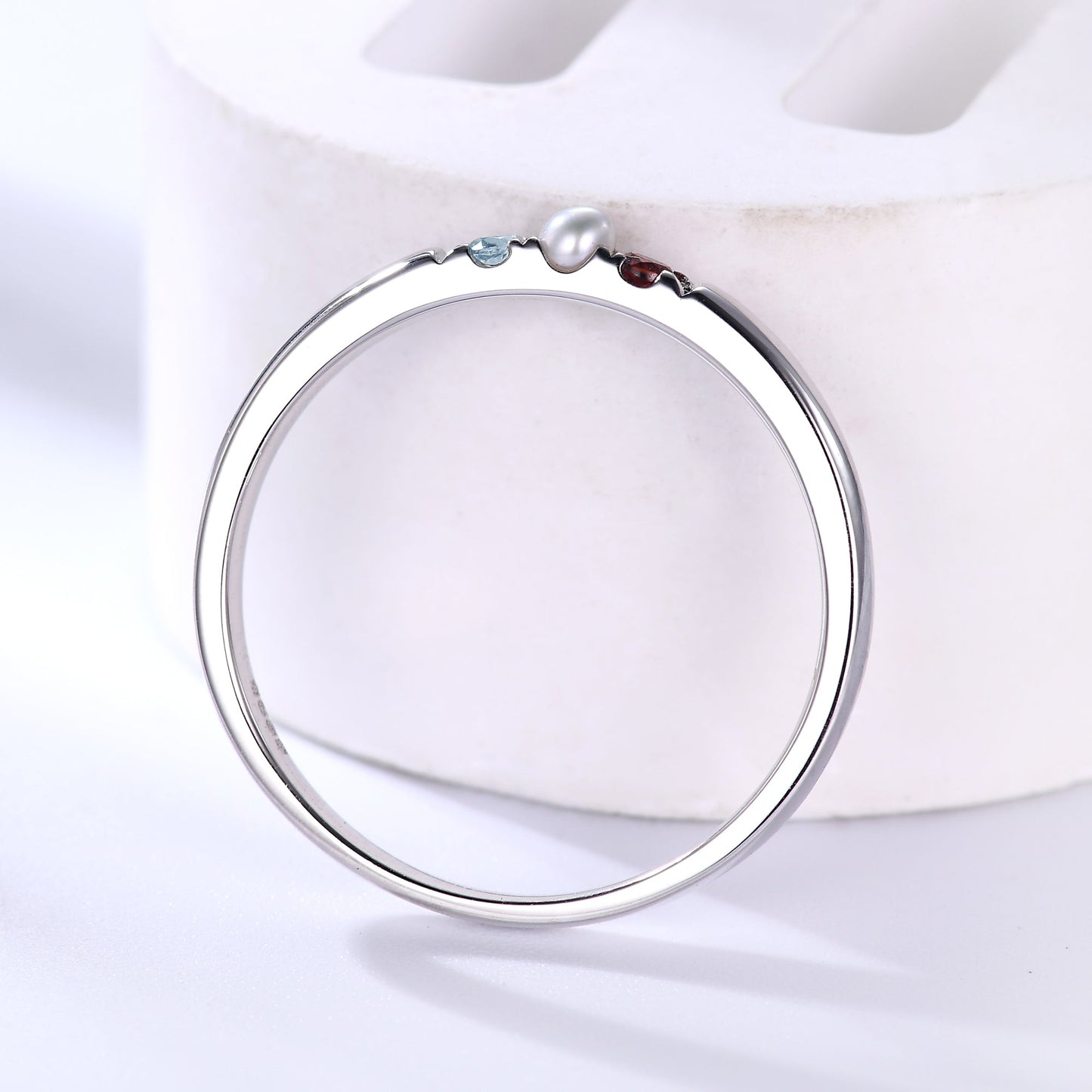 2mm Family Birthstone Ring Garnet Pearl Topaz Band 14k White Gold Gifts for Women