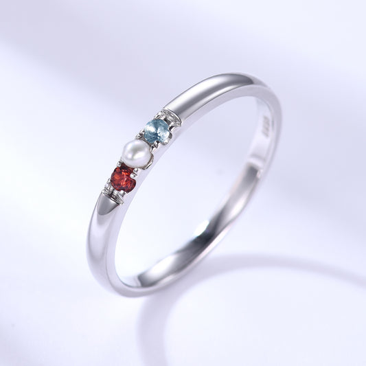 2mm Family Birthstone Ring Garnet Pearl Topaz Band 14k White Gold Gifts for Women