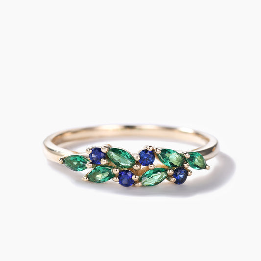 Emerald Sapphire Yellow Gold Ring Vintage Green Blue Gemstone Wedding Band
