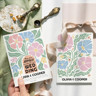Abstract Retro Boho Chic Colorful Floral Wedding Invitation
