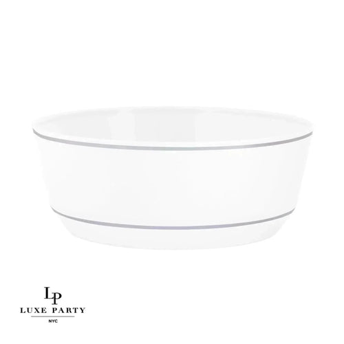 14 Oz. Round White and Silver Plastic Soup Bowls | 10 Pack