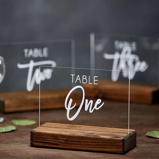 Acrylic Table Numbers with Modern Script Font and Wood Base