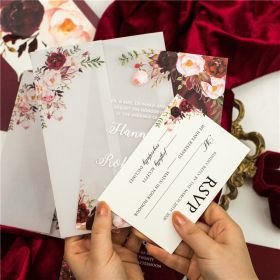 Burgundy Floal 1Mm Acrylic Wedding Invitation With Vellum Pocket Sapv011