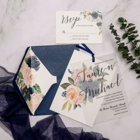 Affordable Navy Blue And Blush Pink Floral Wedding Invitations With Vellum Overlay Swvl018