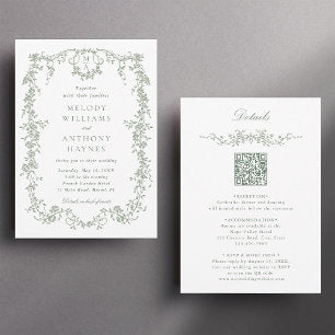 All in One Sage Green French Floral Wedding Invitation