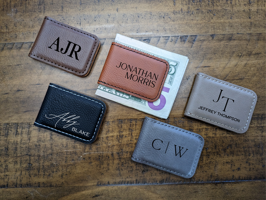 Personalized Leatherette Wallet Money Clip. 7 Colors. 9 Design Choices