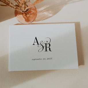 ANDREA Monogram Simple Modern White Black Wedding Guest Book