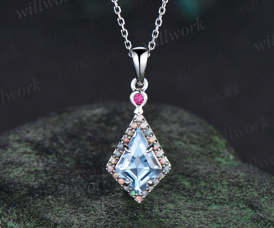 Kite Cut Aquamarine Opal Halo Pendant Necklace Ruby Accent Pendant March Birthstone Jewelry Mother Anniversary Gifts