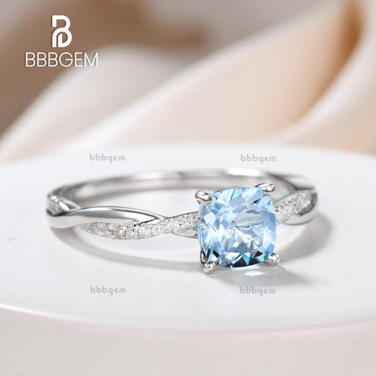 14k/18k White Gold Aquamarine Engagement Rings With Diamonds 6mm Cushion Twisted Infinity Promise Band