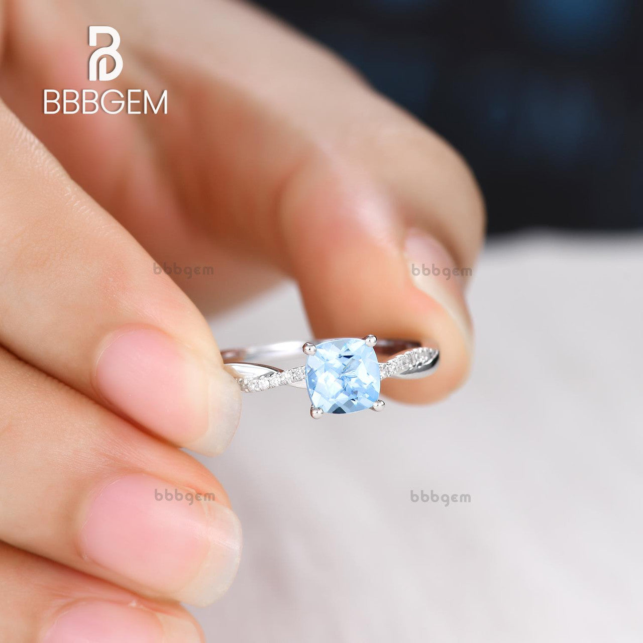 14k/18k White Gold Aquamarine Engagement Rings With Diamonds 6mm Cushion Twisted Infinity Promise Band