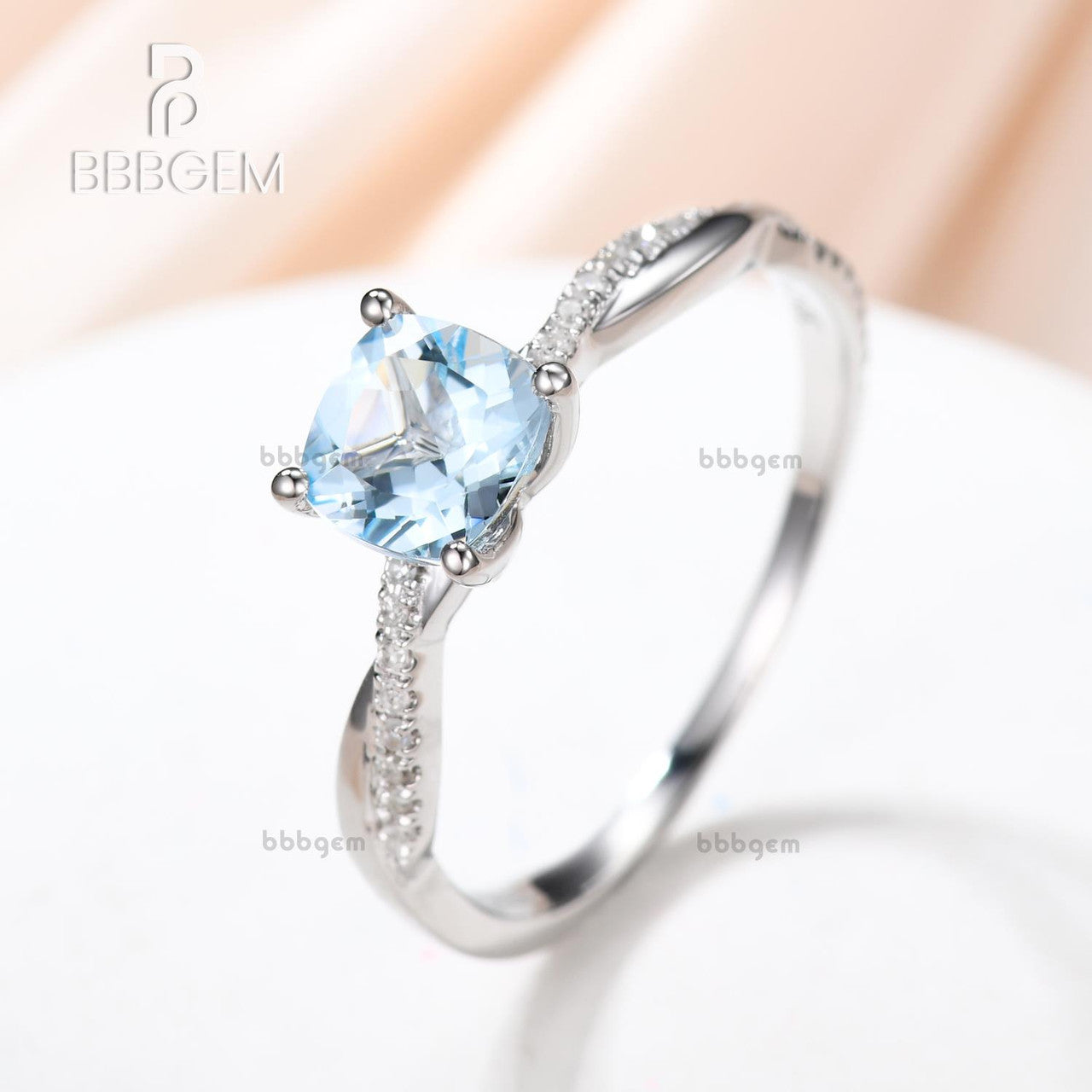 14k/18k White Gold Aquamarine Engagement Rings With Diamonds 6mm Cushion Twisted Infinity Promise Band
