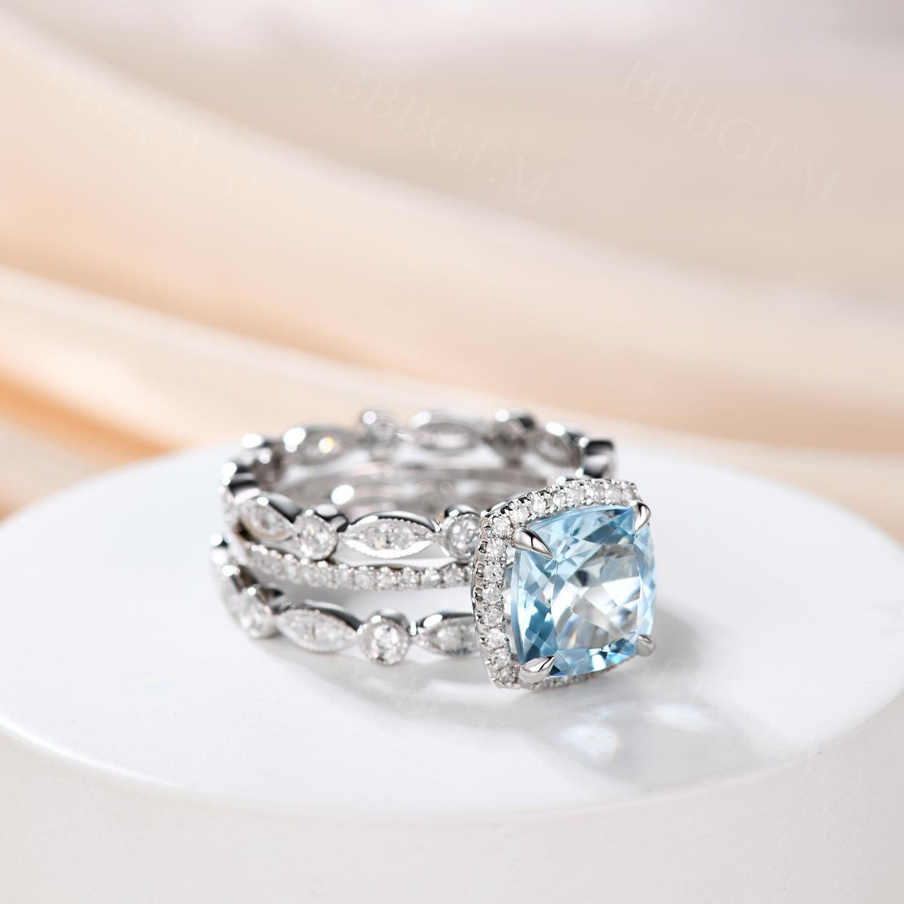 2.2 Carat Cushion Cut Aquamarine Bridal Set Diamond Wedding Ring 14k White Gold Full Eternity Art Deco Matching Band