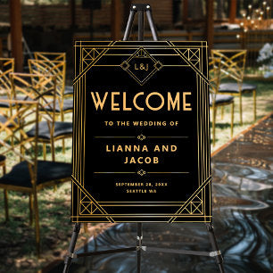 Art Deco Wedding Vintage Black Gold Welcome Sign