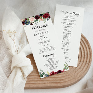 Autumn Rustic Burgundy Calligraphy Wedding Program