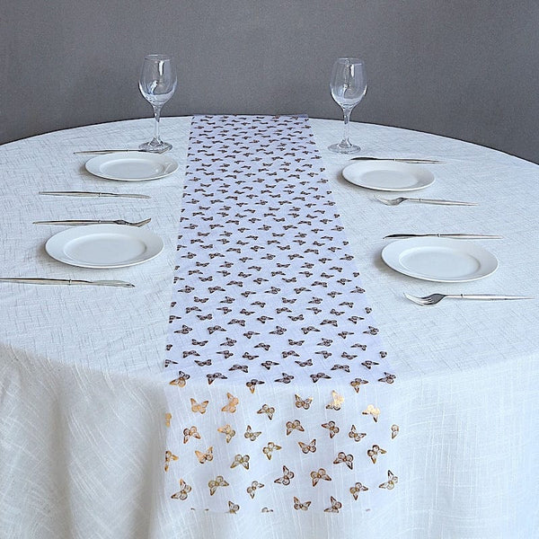 5 White Sheer Organza Table Runners with Metallic Gold Foil Butterfly Motifs