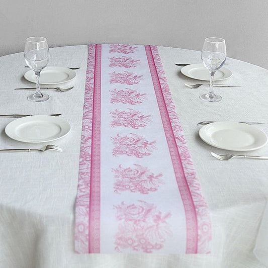 11x108 in White Pink Floral Pattern Non-Woven Table Runners with Ornate Borders