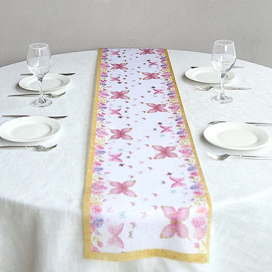 11x108 in White Pink Non-Woven Butterfly Floral Table Runners with Gold Edges