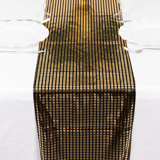 12x108 in Black Polyester Table Runner with Gold Mirror Foil