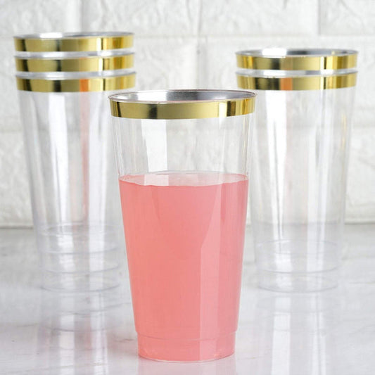 12 pcs 17 oz. Clear with Gold Rim Plastic Disposable Glasses