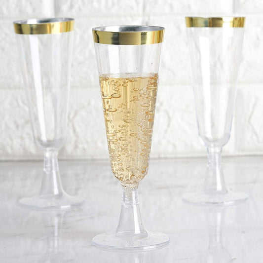 12 pcs 5 oz. Clear with Gold Rim Champagne Plastic Disposable Glasses