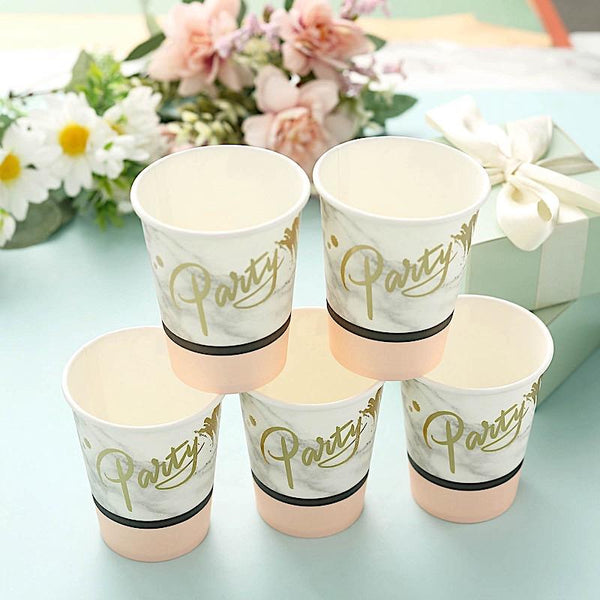 24 White with Blush 9 oz Marble All Purpose Disposable Paper Drinking Cups